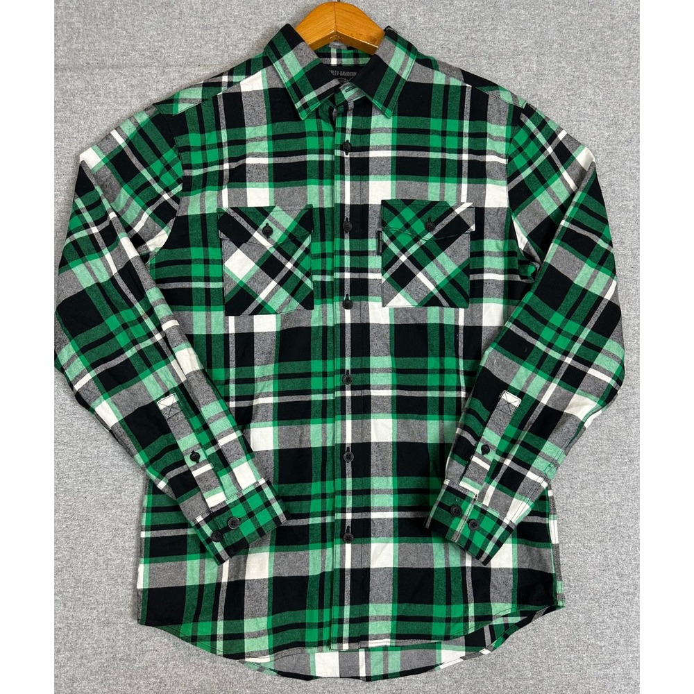 Harley Davidson Button Down Shirt Mens M Green Plaid Long Sleeve Cotton